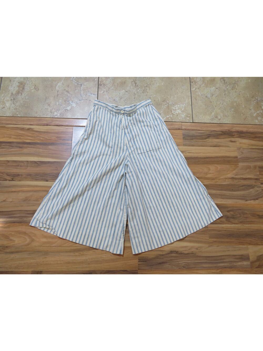 Pedal Pusher Shorts, Cotton Hippy Boho, Striped Blue Ivory Sz 25 1970s